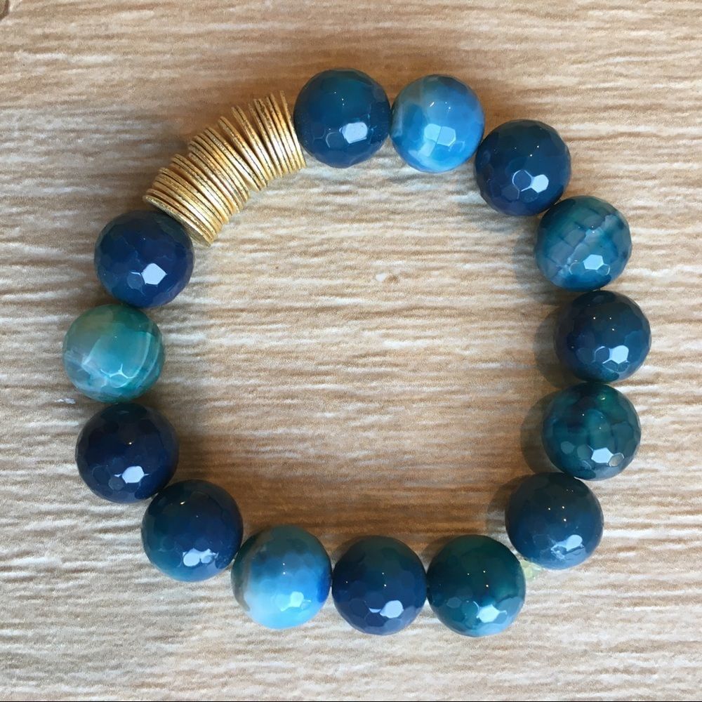 Blue green faceted stone gold accent bracelet